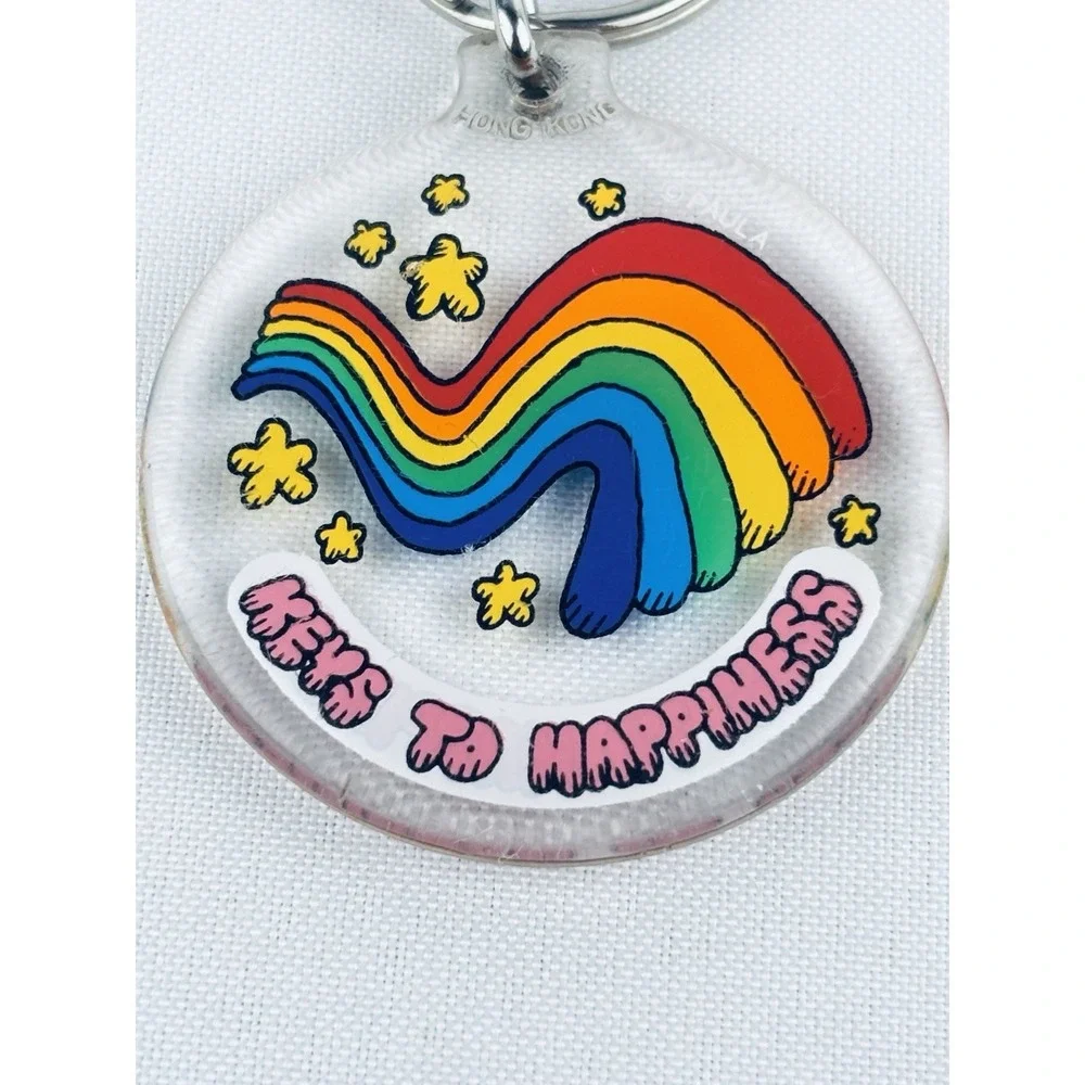 Vintage‎ Keys To Happiness Rainbow Stars Acrylic Round Keychain Key Ring